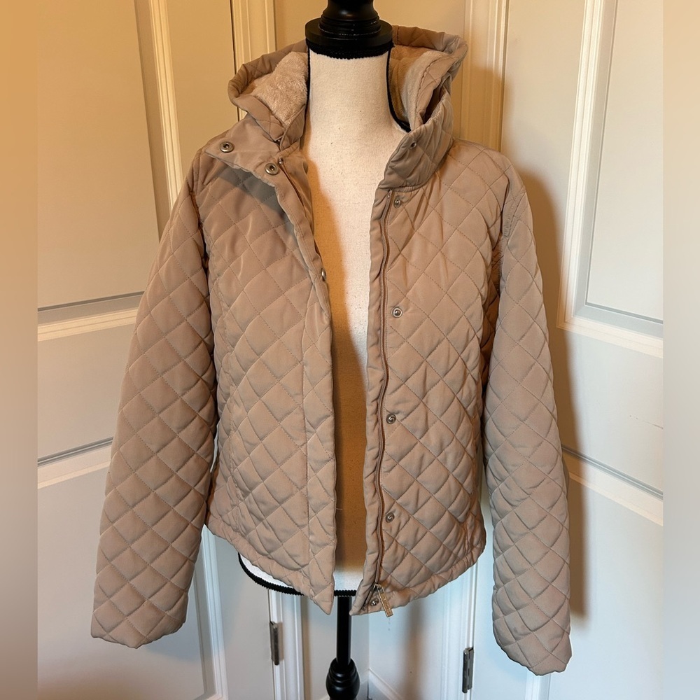 Beige Calvin Klein hooded zip up, puffer jacket with fur lining